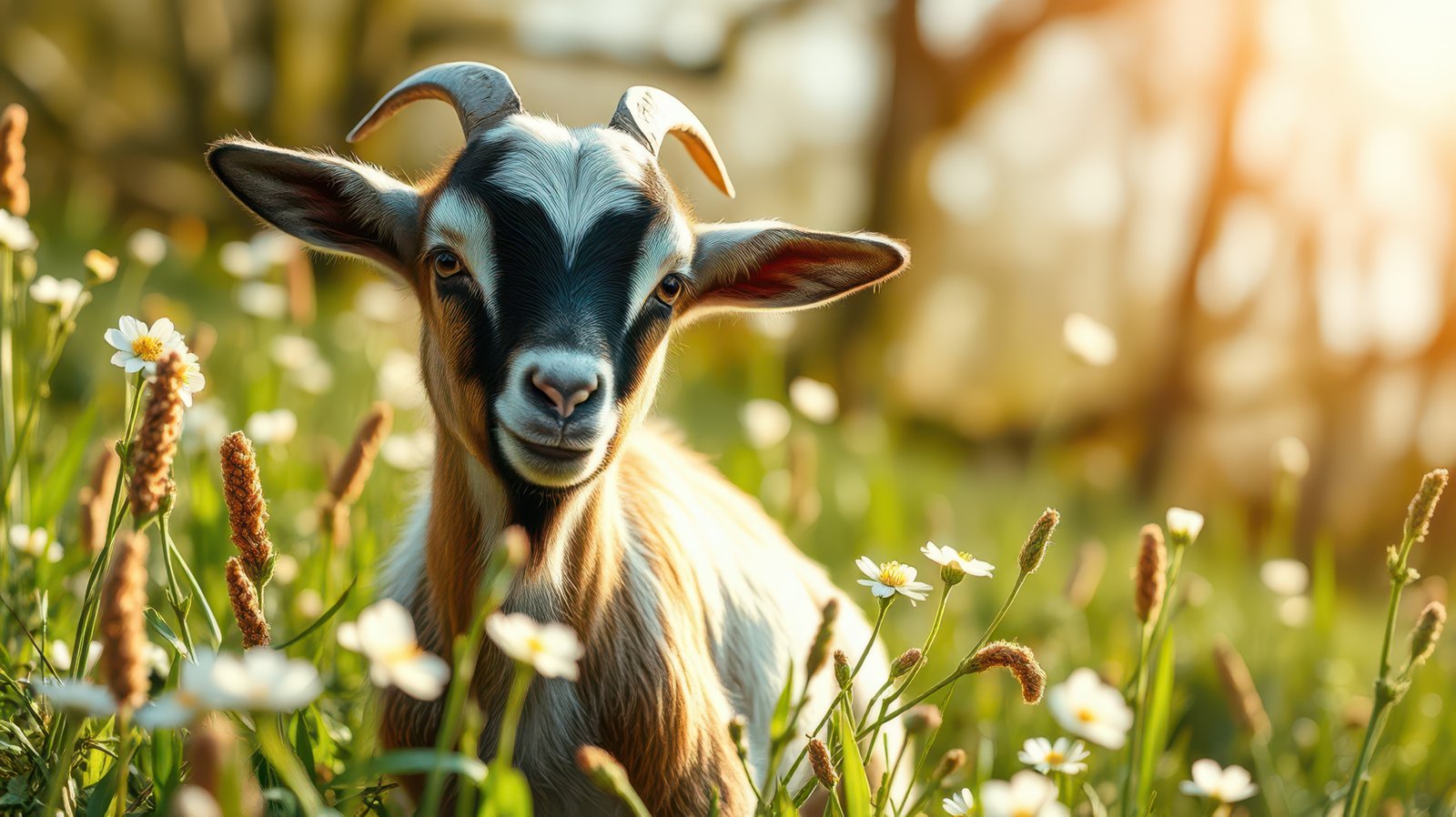 Cute young goat munching on flowers in a sunny meadow during late afternoon hours